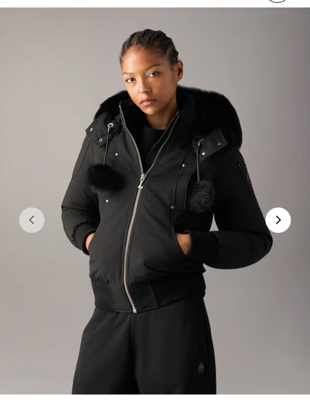 Moose Knuckles Black Women's Bomber Jacket with removable Fur-Trim Hood